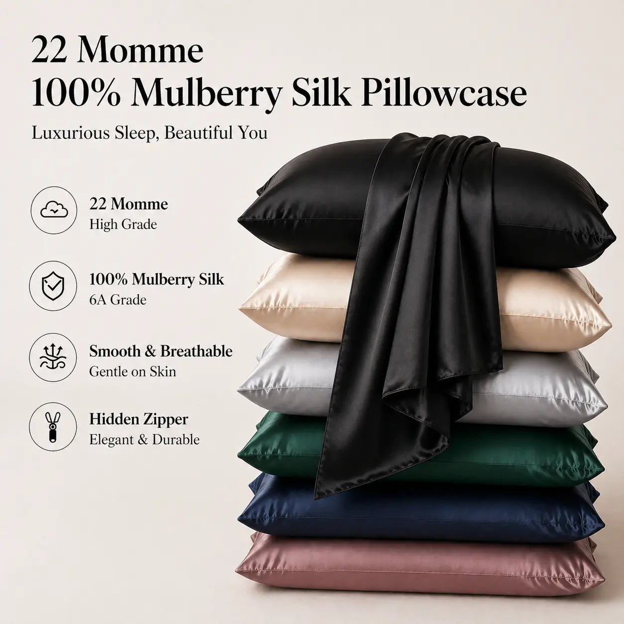 100% Mulberry Silk Pillowcase - 22 Momme, 6A, Made in USA