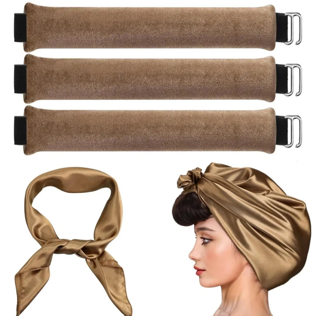 Heatless Curls Kit – 4 in 1 Velvet Curling Rods with Silk Scarf for Long & Medium Hair, Black Styling Set