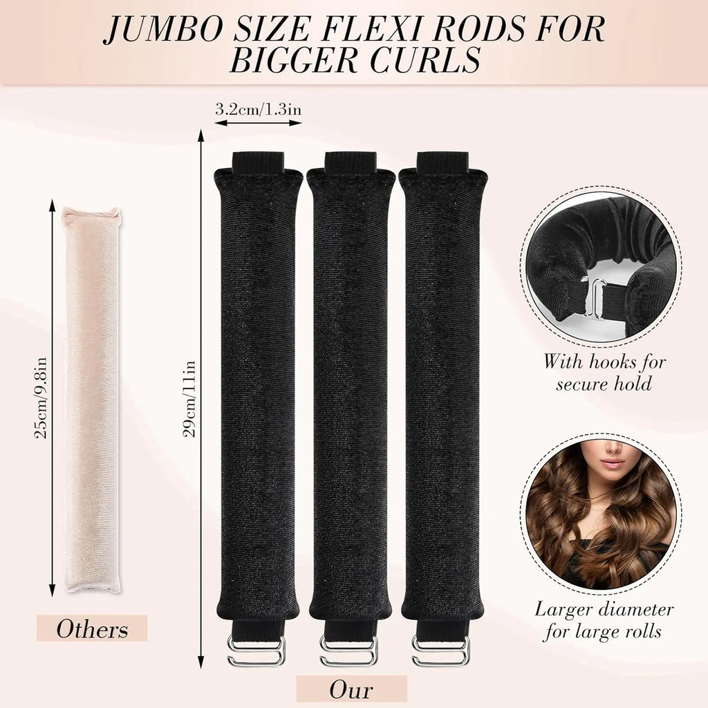 Heatless Curls Kit – 4 in 1 Velvet Curling Rods with Silk Scarf for Long & Medium Hair, Black Styling Set