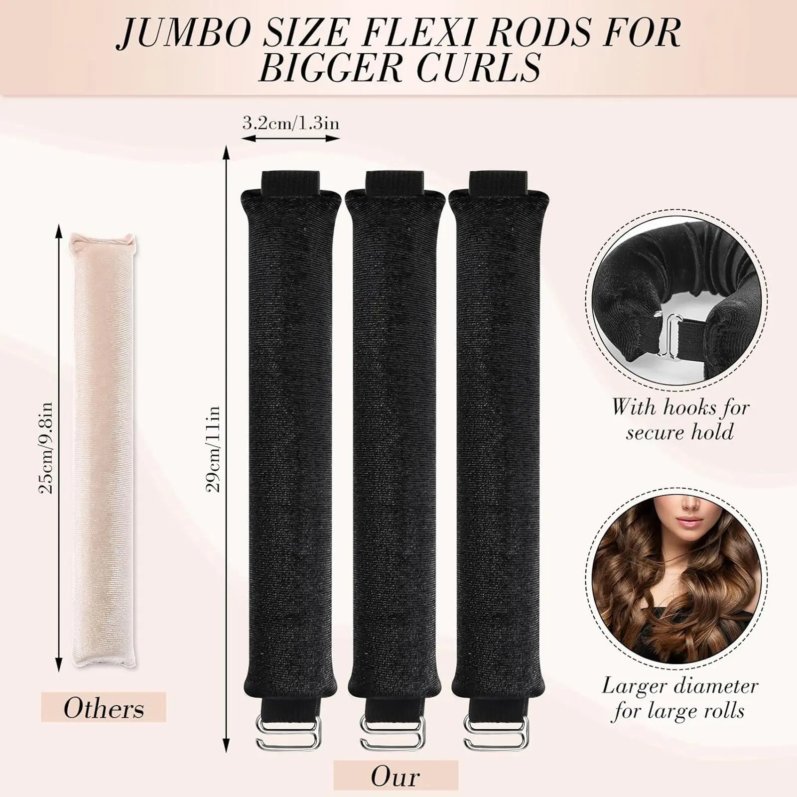 Heatless Curls Kit – 4 in 1 Velvet Curling Rods with Silk Scarf for Long & Medium Hair, Black Styling Set