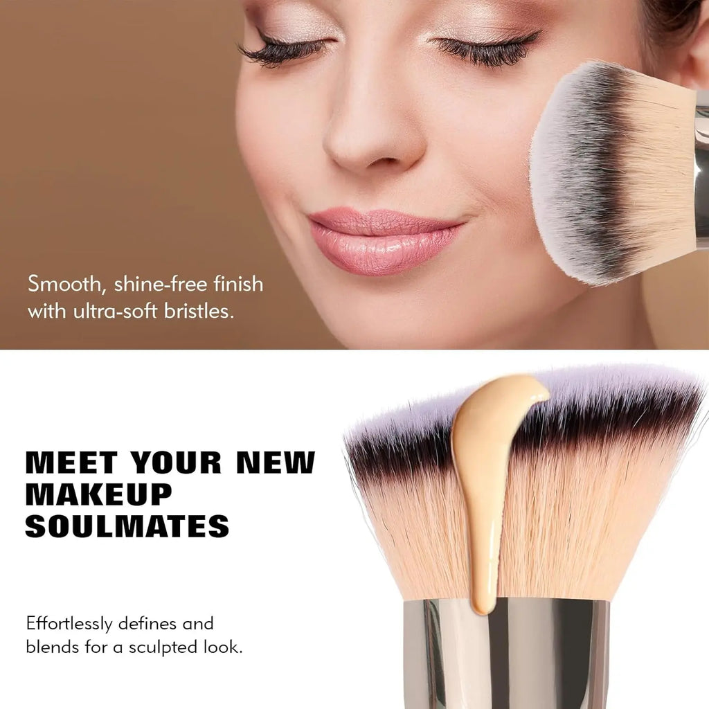 Dual-Ended Foundation Brush: round & Angled Pro-Grade Makeup Brushes, 100% Vegan Synthetic Makeup Brush for Flawless Blending and Application of Liquid, Powder, Cream, Blush
