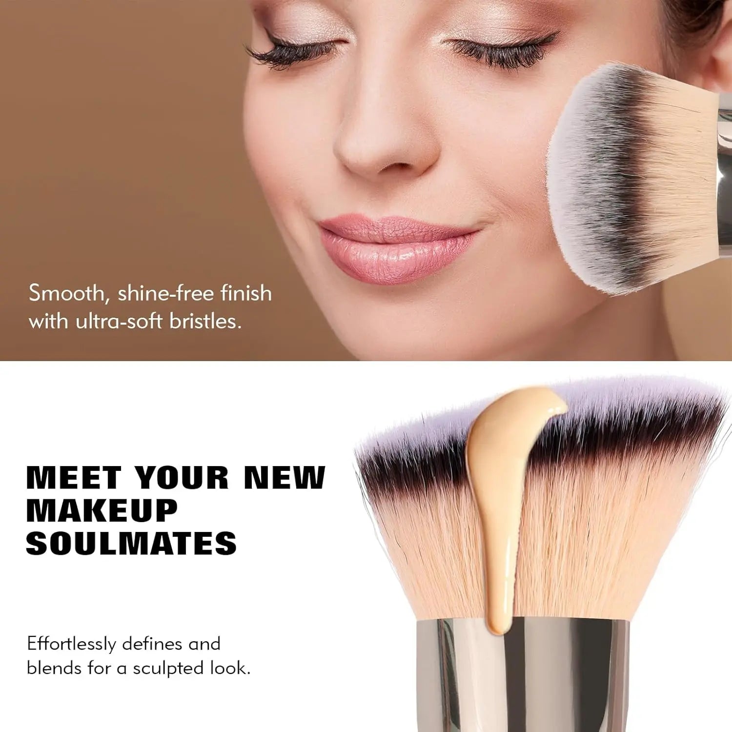 Dual-Ended Foundation Brush: round & Angled Pro-Grade Makeup Brushes, 100% Vegan Synthetic Makeup Brush for Flawless Blending and Application of Liquid, Powder, Cream, Blush
