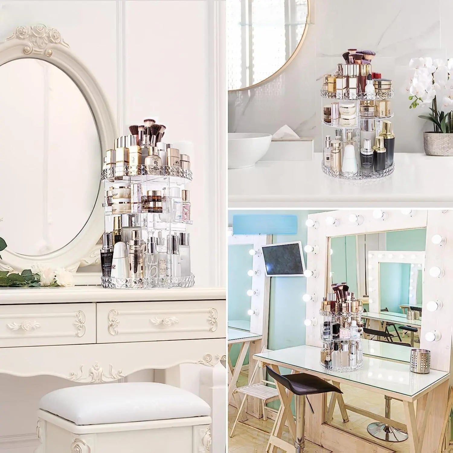 ZHIAI 360 Rotating Makeup Organizer, Large Capacity Cosmetics Organizer for Perfume Holder Organizer Countertop, DIY Adjustable Bathroom Makeup Carousel Holder Rack, Clear Diamond