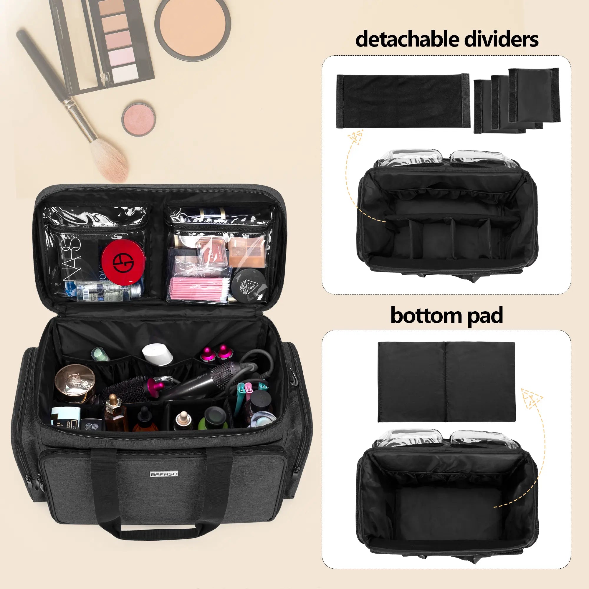 BAFASO Heavy Duty Nylon Multi-Use Structured Makeup Pouch - Handheld Cosmetic Pouch with Removable Dividers, Multi-Pocket Layout, Luggage-Attachable for Makeup Products & Hair Supplies Summerwins,Summerwins