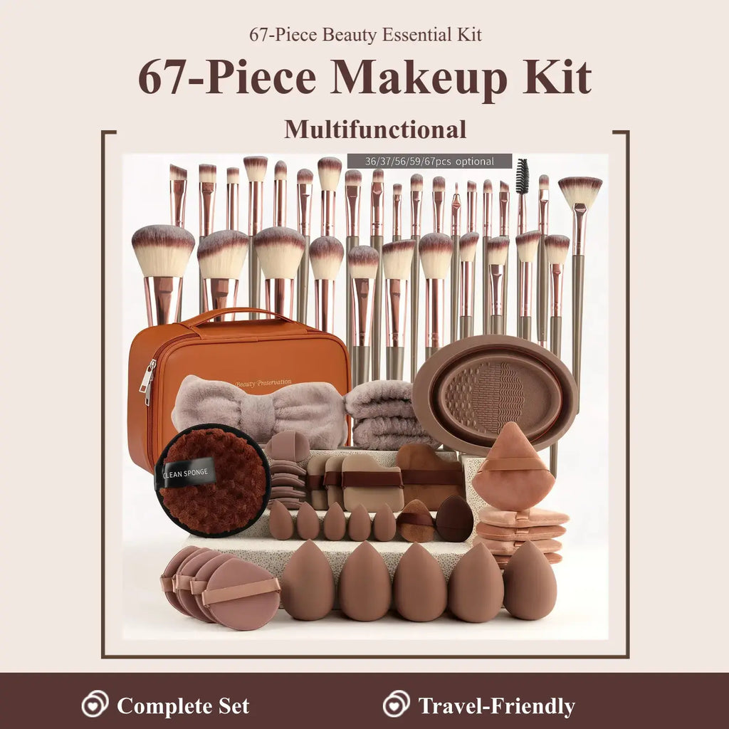 Beauty Tool Set Includes Makeup Brush Sponge, Makeup Brushes, Beauty Blender, Finger Puffs, Cushion Compact, Powder Puff, Cleansing Puff, Hair Tie, Travel Bag, Makeup Tools Set