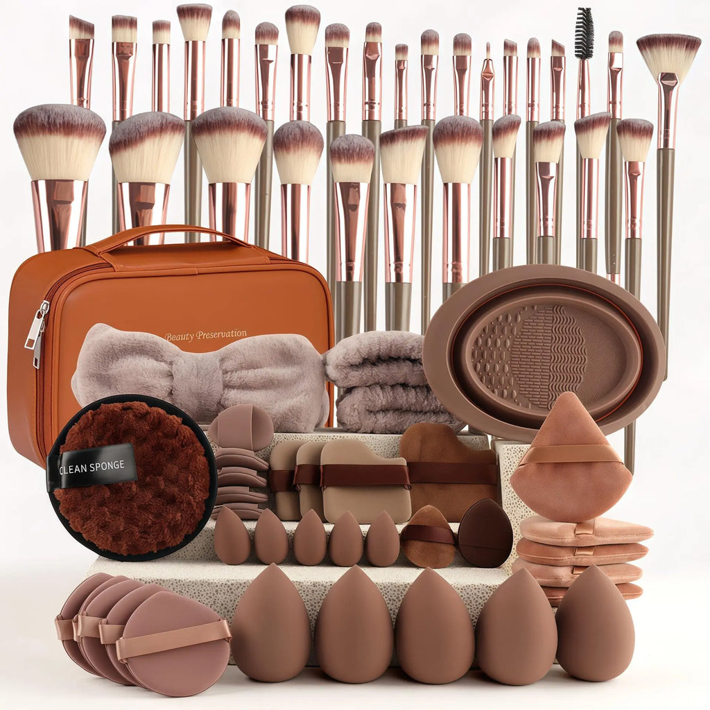 Beauty Tool Set Includes Makeup Brush Sponge, Makeup Brushes, Beauty Blender, Finger Puffs, Cushion Compact, Powder Puff, Cleansing Puff, Hair Tie, Travel Bag, Makeup Tools Set