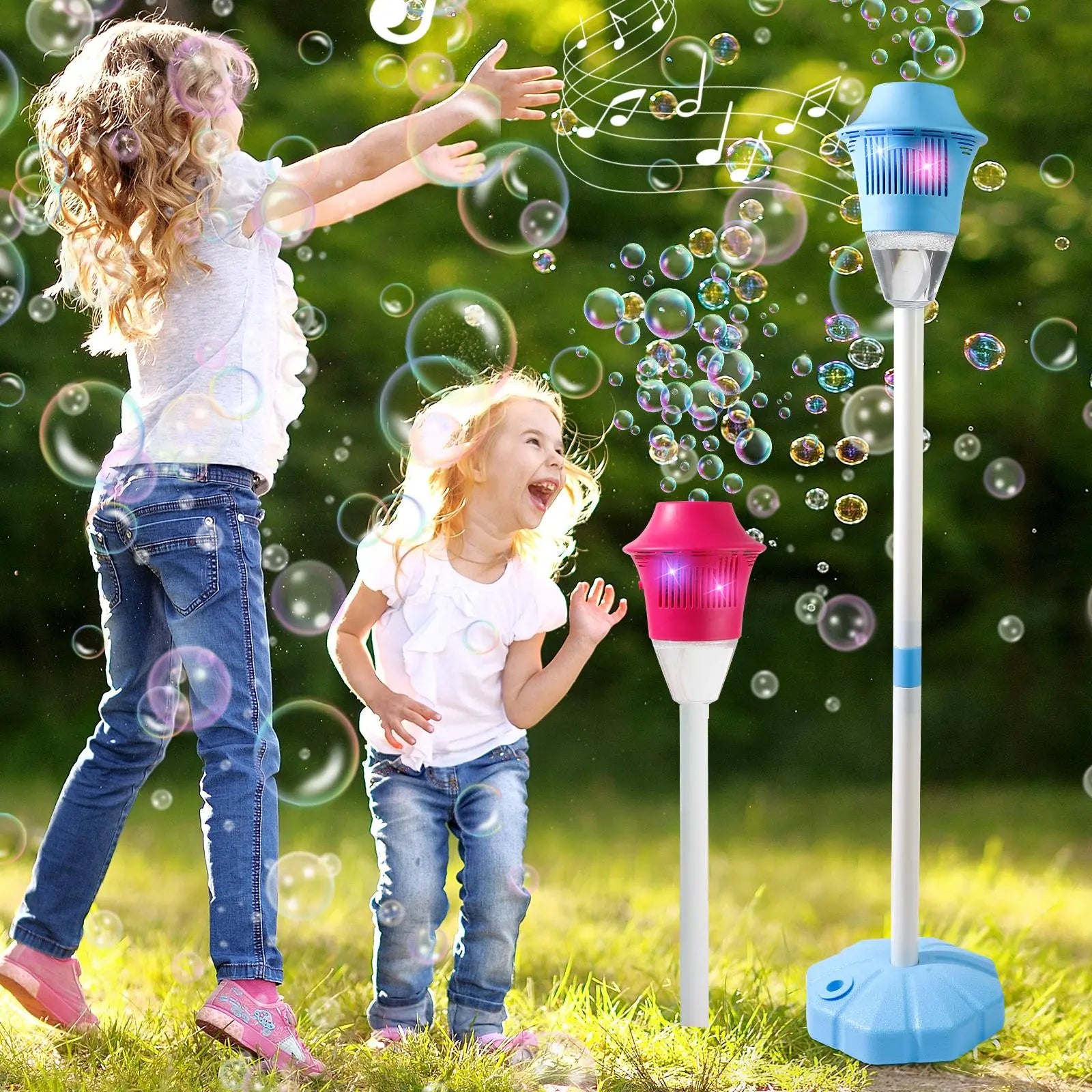 Bubble Machine Toys for Kids, Outdoor Bubble Blower Toy with Adjustable Stand, Bubble Maker with LED Lights, Garden Birthday Wedding Summer Party Bubble Toy