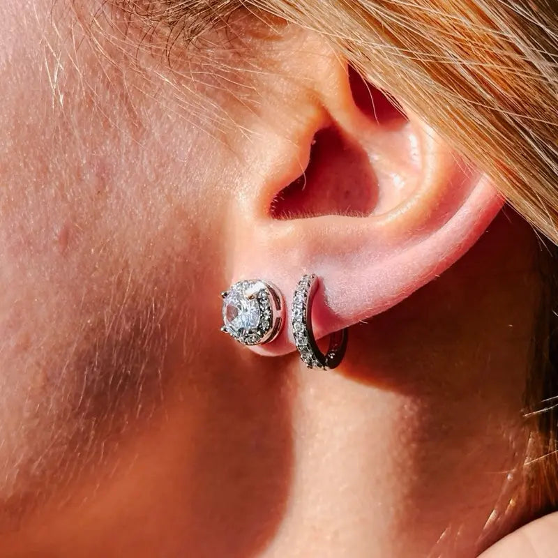 Silver CZ Earrings Set of 3 - Silver Studs, Classic Hoops, Lightning Earrings, Minimal Jewelry Set for Women