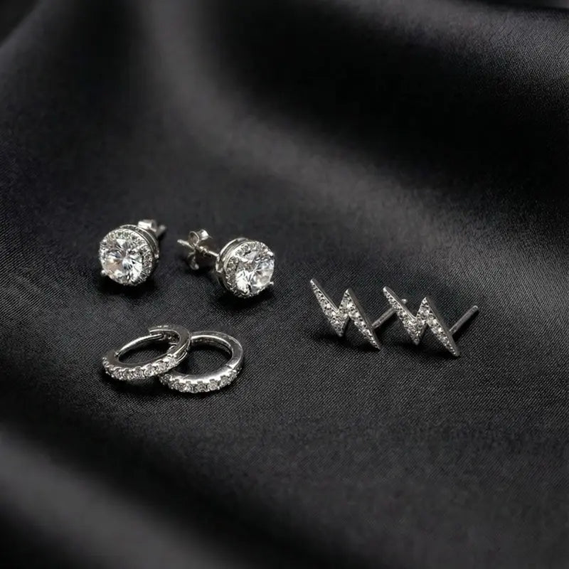 Silver CZ Earrings Set of 3 - Silver Studs, Classic Hoops, Lightning Earrings, Minimal Jewelry Set for Women