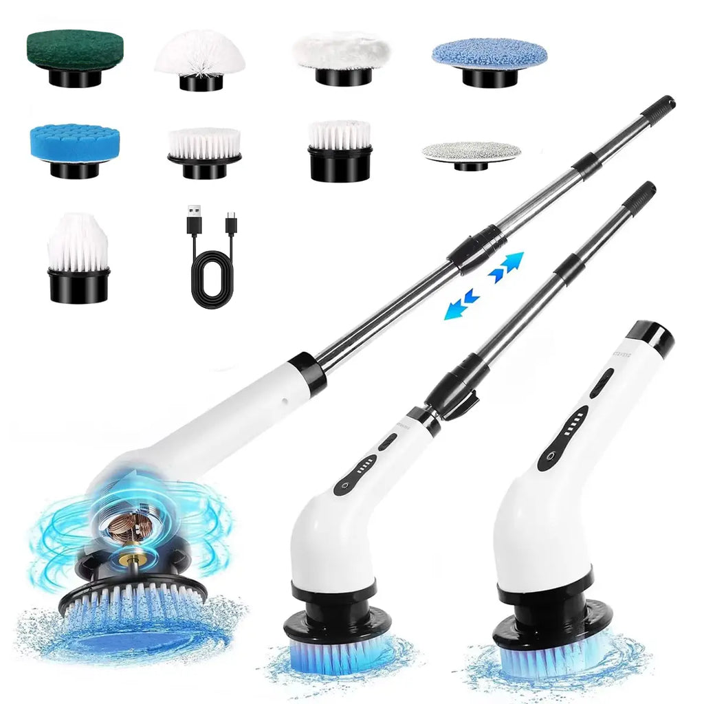 Cordless Electric Spin Scrubber with Adjustable & Detachable Handle, 2 Adjustable Speeds, Dual Speeds Cleaning Brush Scrubber with 9 Replaceable Brush Heads and Display