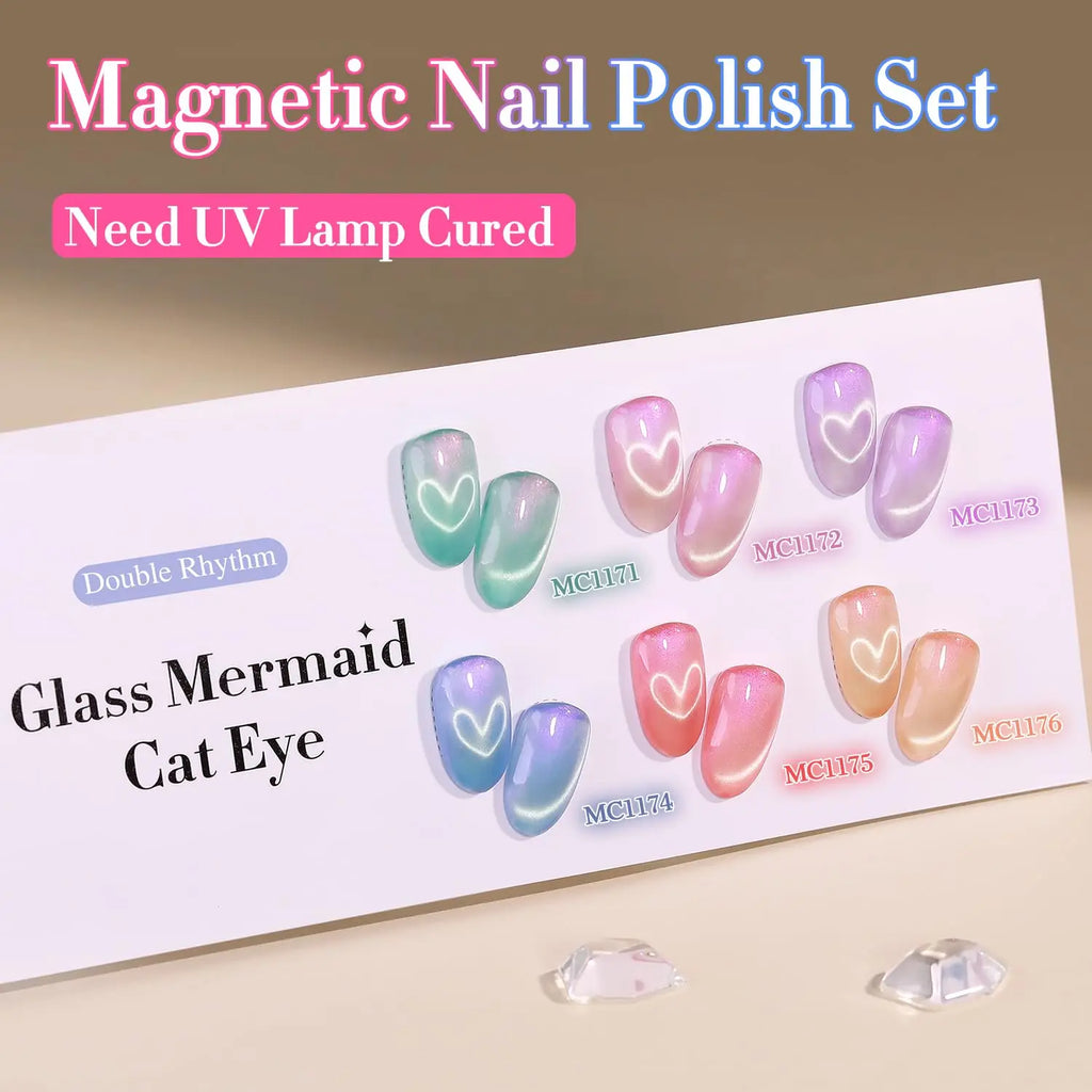 Double Rhythm Cat Eye Gel Nail Polish Set of 6 Same Color Same Bottle 0.5 Oz Shimmer Glitter with Magnet Holographic Reflective Magnetic UV Nail Polish Kit at Home (Mermaid Pink Rose-T6-31) Black Red Green Navy