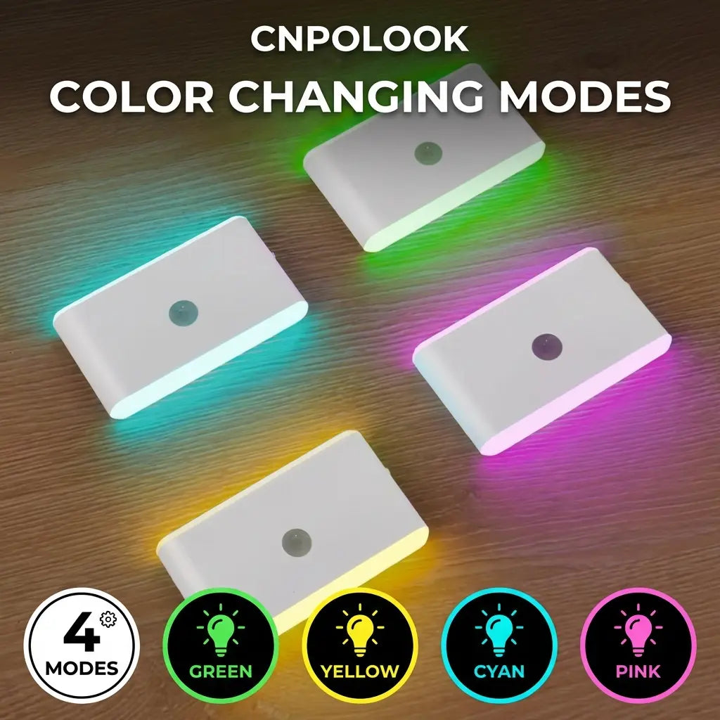 CNPOLOOK Rechargeable Motion Sensor Night Light, 4 Color Modes (Warm White/White/Red/Blue), Dimmable, USB‑C, Magnetic Stick on Light, 120° PIR, 26Ft Range, OFF/AUTO/ON, Closet Bathroom Hallway Bedside (1 Pack