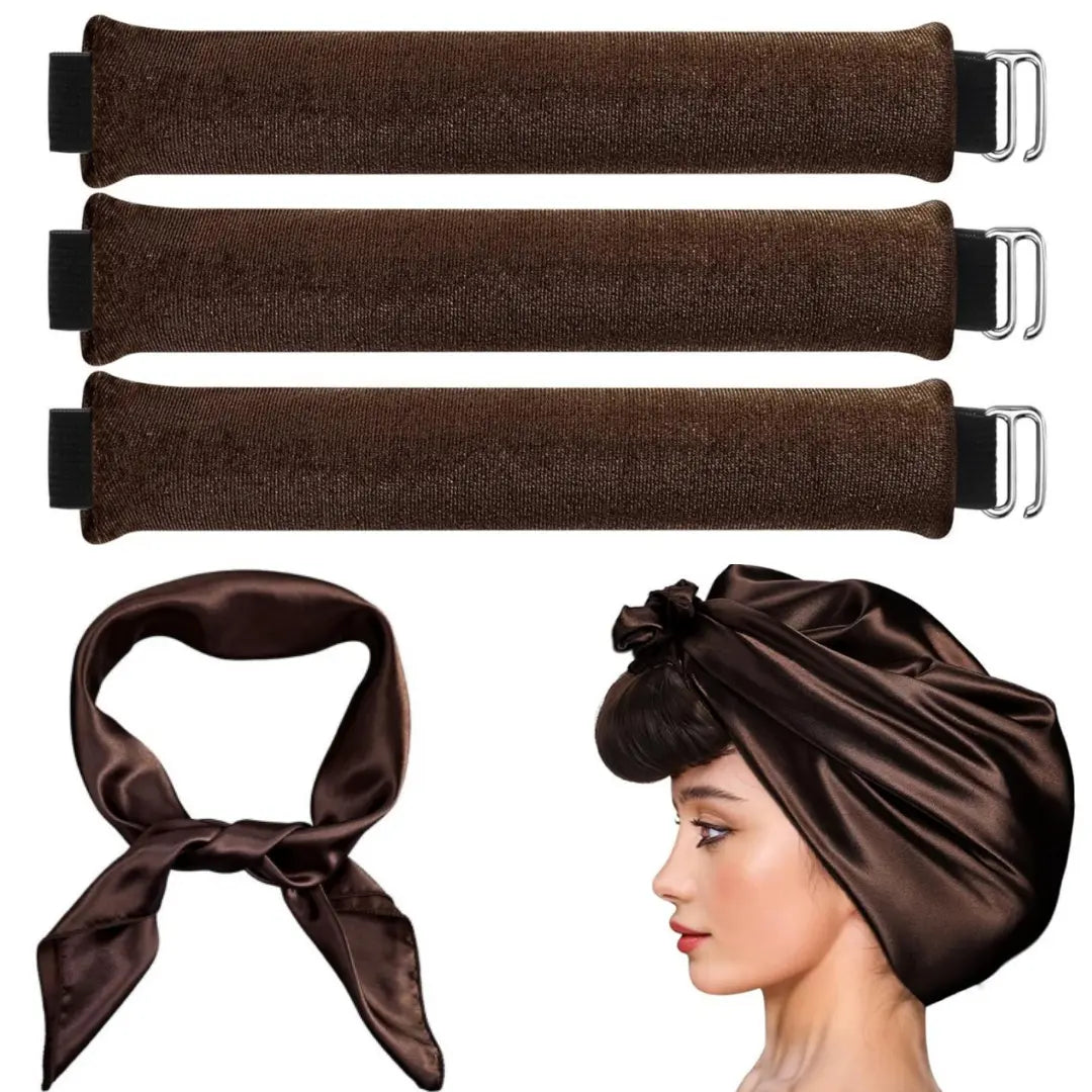 Heatless Curls Kit – 4 in 1 Velvet Curling Rods with Silk Scarf for Long & Medium Hair, Black Styling Set