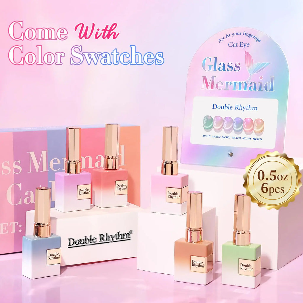 Double Rhythm Cat Eye Gel Nail Polish Set of 6 Same Color Same Bottle 0.5 Oz Shimmer Glitter with Magnet Holographic Reflective Magnetic UV Nail Polish Kit at Home (Mermaid Pink Rose-T6-31) Black Red Green Navy