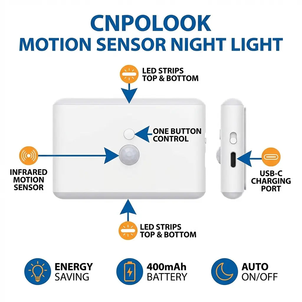 CNPOLOOK Rechargeable Motion Sensor Night Light, 4 Color Modes (Warm White/White/Red/Blue), Dimmable, USB‑C, Magnetic Stick on Light, 120° PIR, 26Ft Range, OFF/AUTO/ON, Closet Bathroom Hallway Bedside (1 Pack