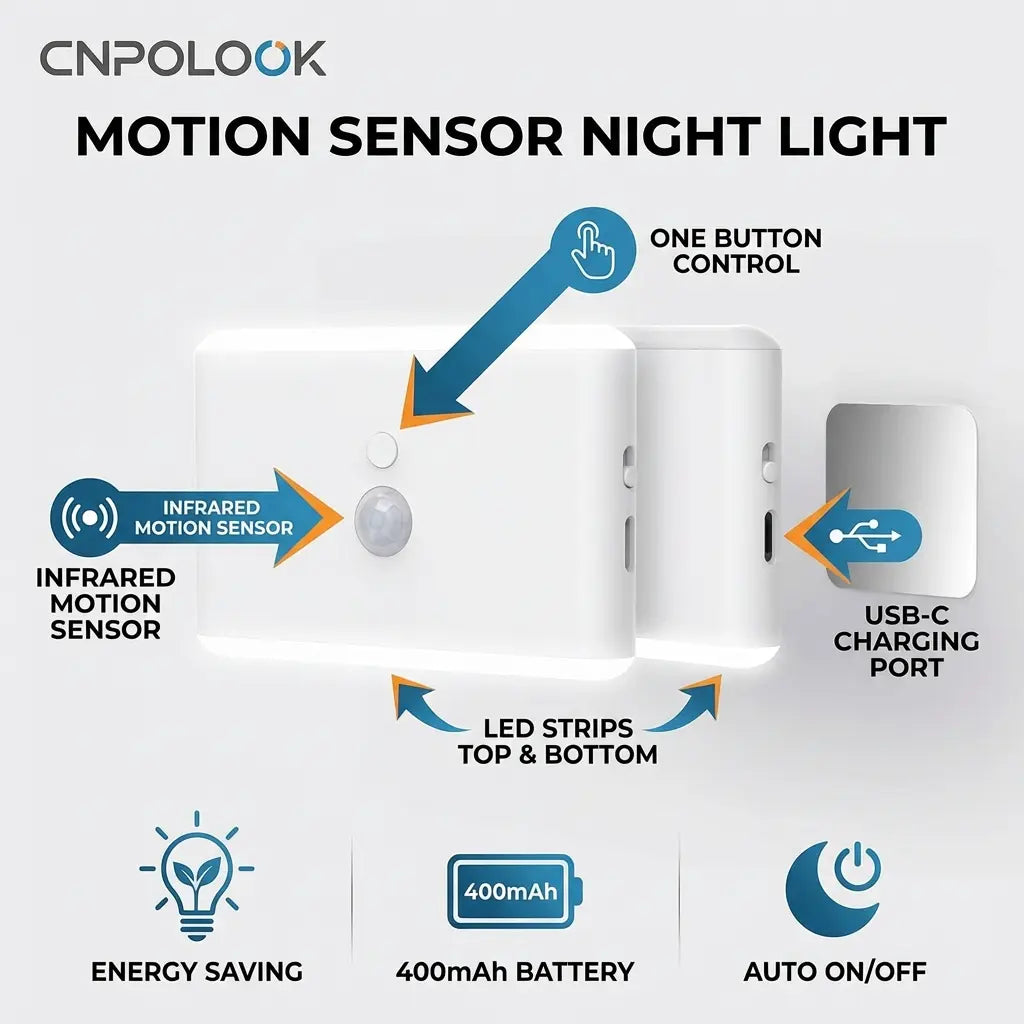 CNPOLOOK Rechargeable Motion Sensor Night Light, 4 Color Modes (Warm White/White/Red/Blue), Dimmable, USB‑C, Magnetic Stick on Light, 120° PIR, 26Ft Range, OFF/AUTO/ON, Closet Bathroom Hallway Bedside (1 Pack