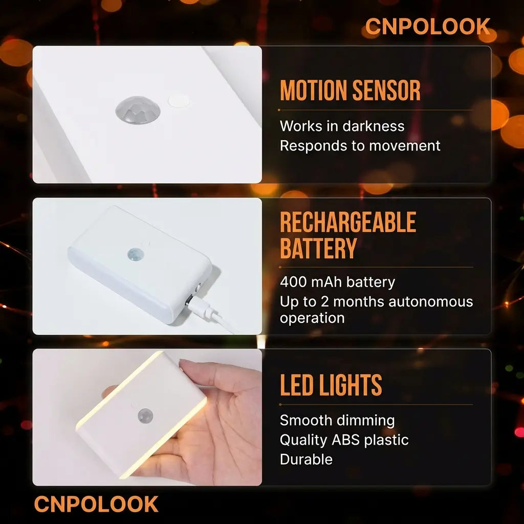 CNPOLOOK Rechargeable Motion Sensor Night Light, 4 Color Modes (Warm White/White/Red/Blue), Dimmable, USB‑C, Magnetic Stick on Light, 120° PIR, 26Ft Range, OFF/AUTO/ON, Closet Bathroom Hallway Bedside (1 Pack