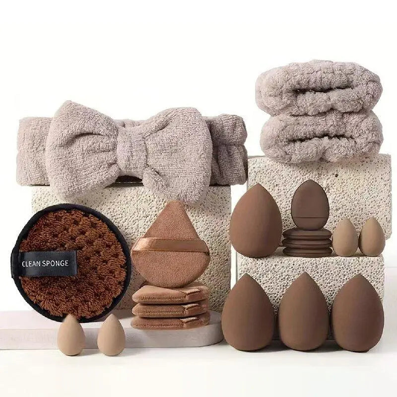 Beauty Tool Set Includes Makeup Brush Sponge, Makeup Brushes, Beauty Blender, Finger Puffs, Cushion Compact, Powder Puff, Cleansing Puff, Hair Tie, Travel Bag, Makeup Tools Set