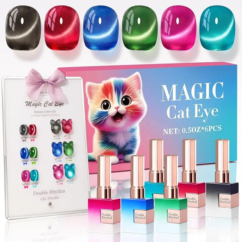 Double Rhythm Cat Eye Gel Nail Polish Set of 6 Same Color Same Bottle 0.5 Oz Shimmer Glitter with Magnet Holographic Reflective Magnetic UV Nail Polish Kit at Home (Mermaid Pink Rose-T6-31) Black Red Green Navy