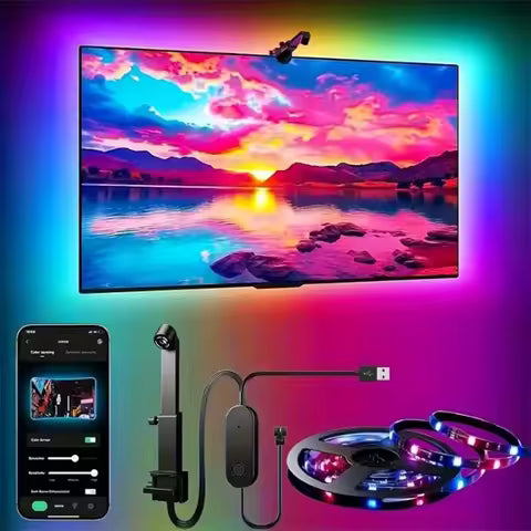 Tira de retroiluminación LED RGBIC para TV con cámara, control por aplicación, sincronización de música, luces inteligentes para sala de juegos, iluminación ambiental de 55-75 pulgadas