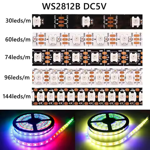 Tira de luces LED WS2812B de CC5V 30/60/74/96/144 ledes/m, direccionables individualmente, inteligentes, 5050RGB, píxeles WS2812, luz LED IP30/65/67