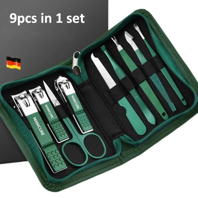 Verde manicura set con cuero funda y