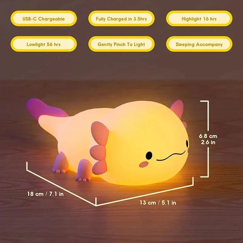 Cute Axolotl Silicone Night Light for Kids - Touch Activated Light for Bedtime