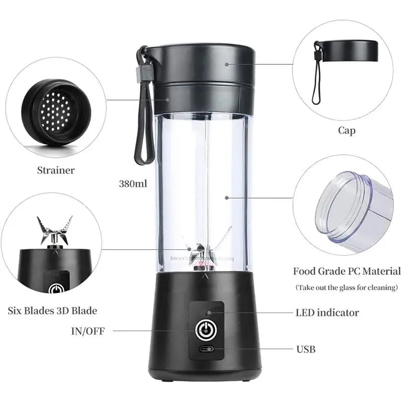 Portable Blender, USB Rechargeable 380ML Juicer Cup, Fruit & Vegetable Blender, Blender for Shakes, Household Kitchen Appliances for Home Use