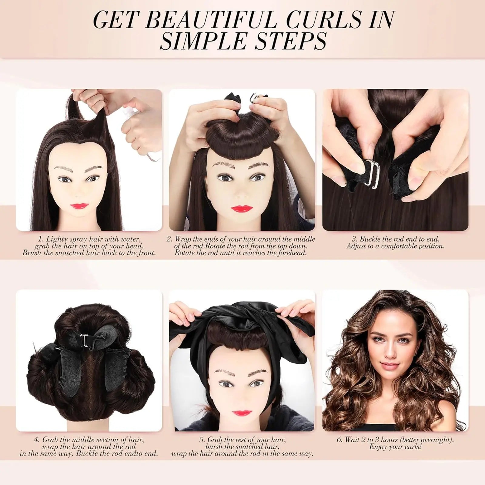 Heatless Curls Kit – 4 in 1 Velvet Curling Rods with Silk Scarf for Long & Medium Hair, Black Styling Set