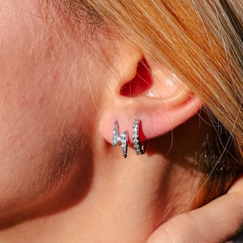 Silver CZ Earrings Set of 3 - Silver Studs, Classic Hoops, Lightning Earrings, Minimal Jewelry Set for Women