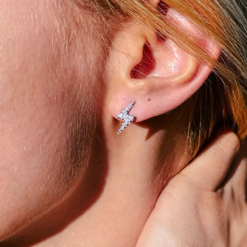 Silver CZ Earrings Set of 3 - Silver Studs, Classic Hoops, Lightning Earrings, Minimal Jewelry Set for Women