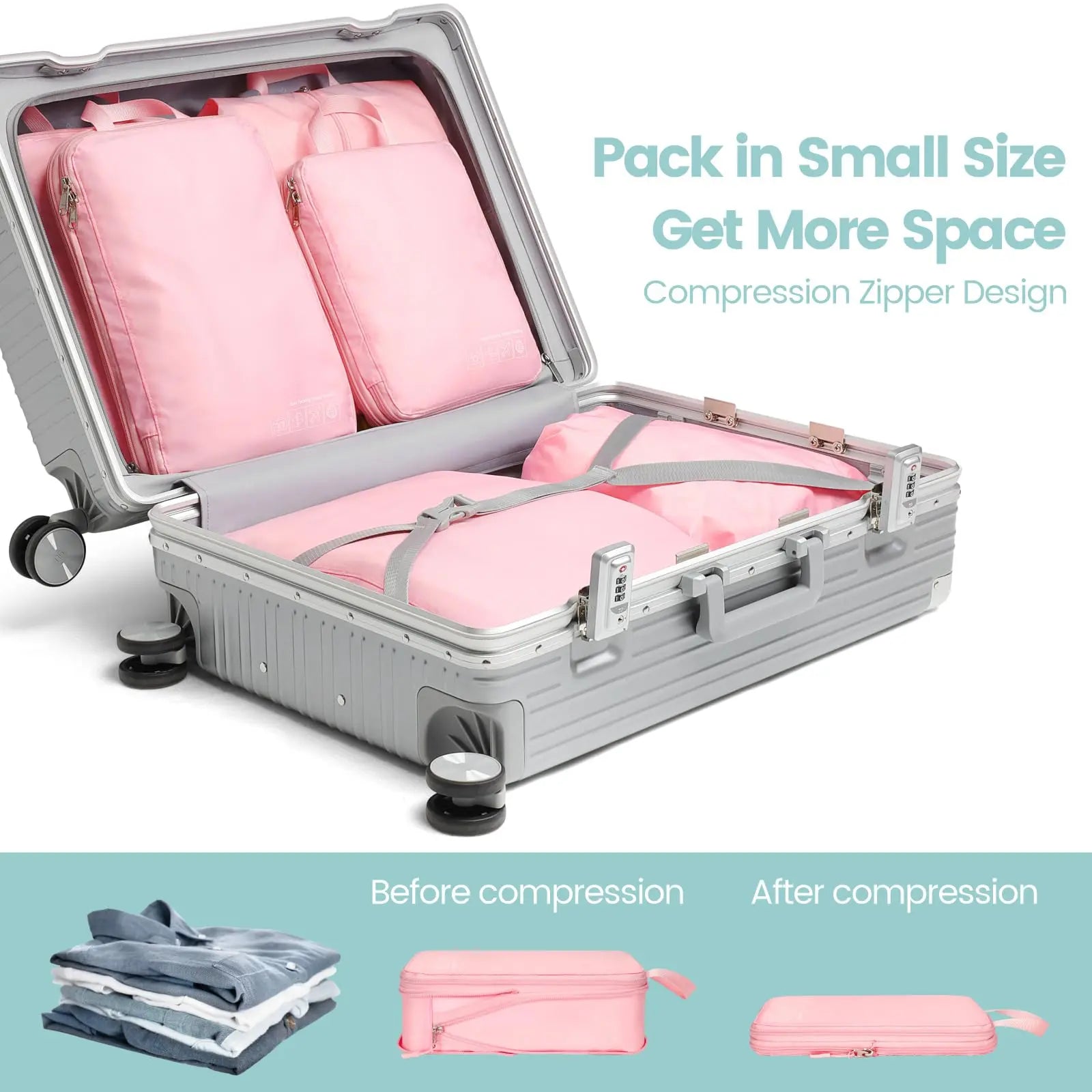 Lightweight Compression Packing Cubes for Suitcases, 6 Set Portable Travel Storage Organizer Set for Carry on Suitcase