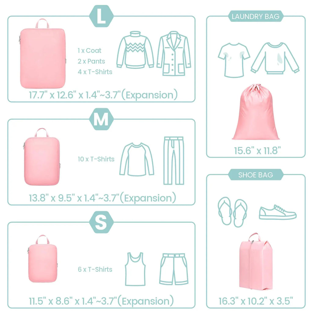 Lightweight Compression Packing Cubes for Suitcases, 6 Set Portable Travel Storage Organizer Set for Carry on Suitcase