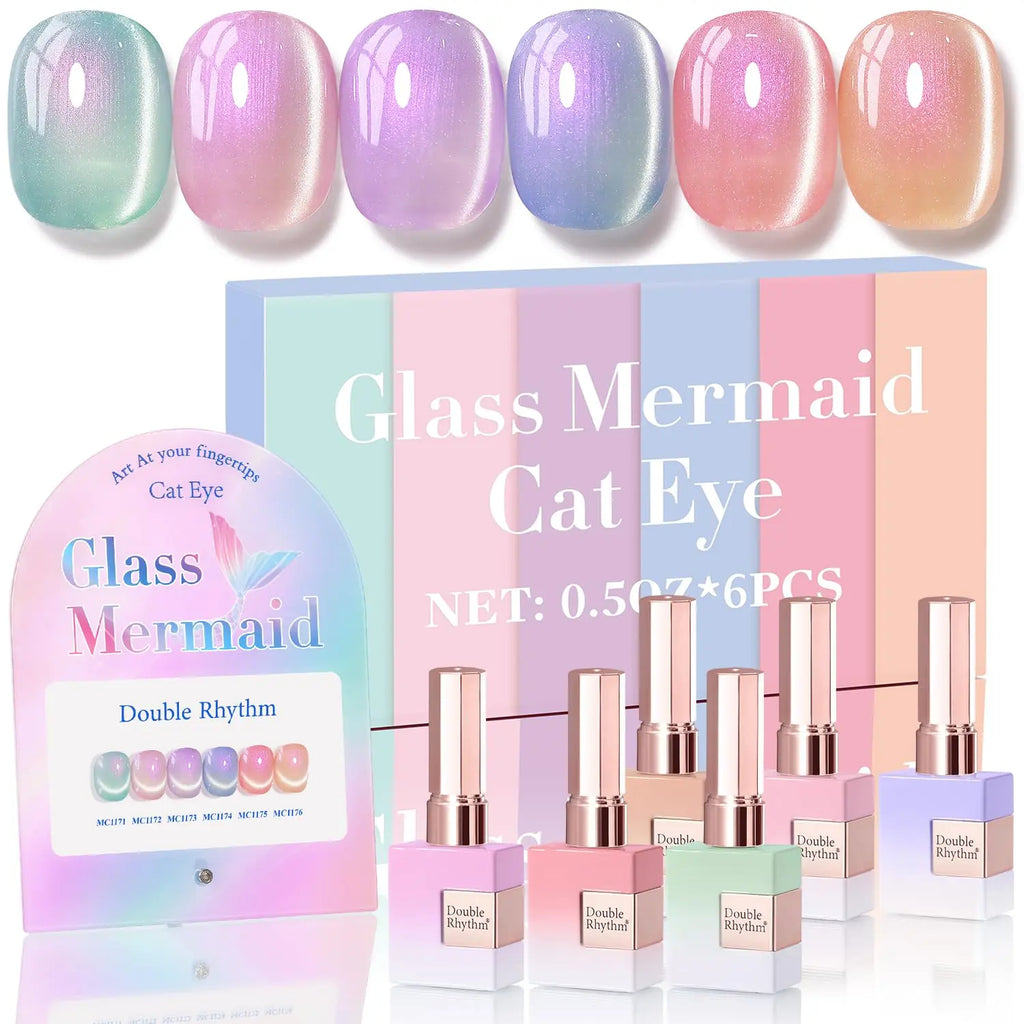 Double Rhythm Cat Eye Gel Nail Polish Set of 6 Same Color Same Bottle 0.5 Oz Shimmer Glitter with Magnet Holographic Reflective Magnetic UV Nail Polish Kit at Home (Mermaid Pink Rose-T6-31) Black Red Green Navy