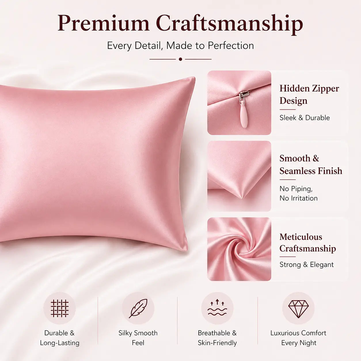 100% Mulberry Silk Pillowcase - 22 Momme, 6A, Made in USA