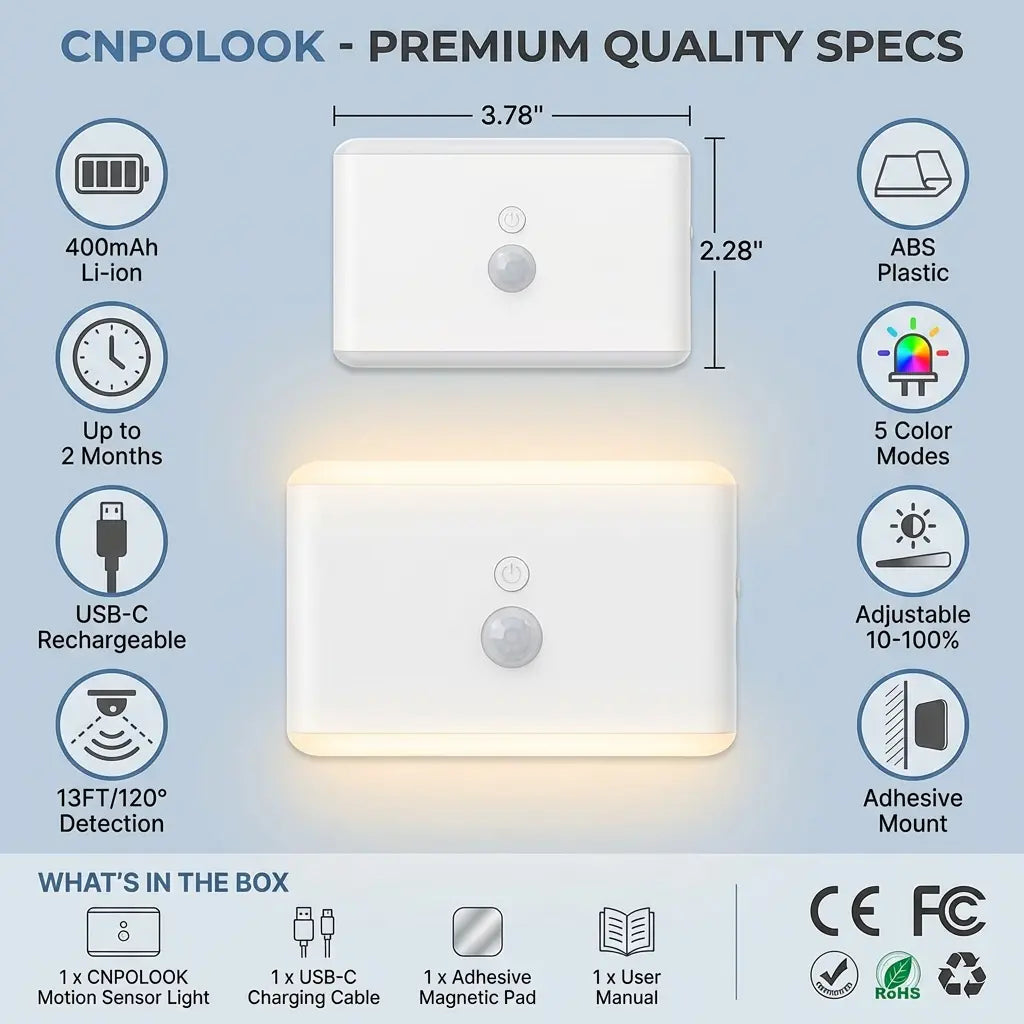 CNPOLOOK Rechargeable Motion Sensor Night Light, 4 Color Modes (Warm White/White/Red/Blue), Dimmable, USB‑C, Magnetic Stick on Light, 120° PIR, 26Ft Range, OFF/AUTO/ON, Closet Bathroom Hallway Bedside (1 Pack