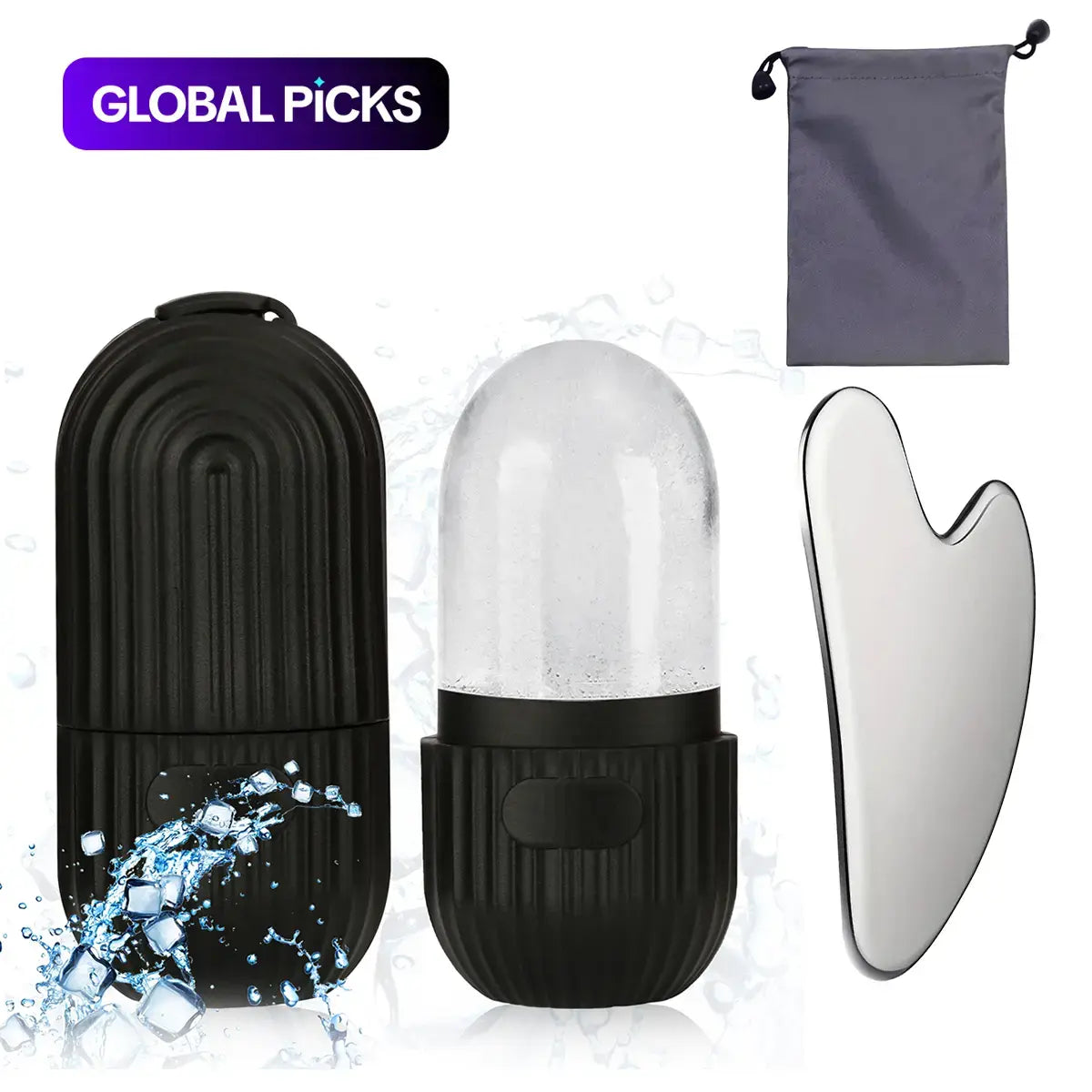 Silicone Facial Ice Mold, Ice Roller and Stainless Steel Gua Sha Tool Set with Storage Bag, 2 Counts/Set Reusable Facial Care Tools, Manual Massage Supplies, Skincare Products, Self Care Products #GLOBAL PICKS