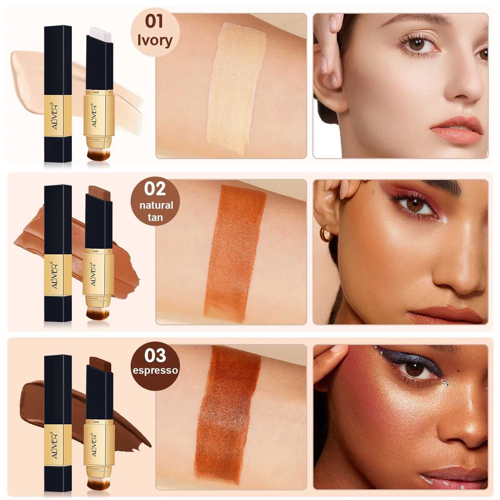 Aliver Concealer & Foundation-Color Changing Concealer Stick with Soft Brush,Waterproof & Sweatproof, Long Lasting Makeup Full Concealer Stick